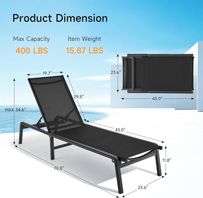 ONBRILL Aluminum Chaise Lounge Chair Outdoor, Foldable & Assembly Free Outdoor Lounge Chair with 5 Position Adjustable Backrest, Patio Pool Lounge Chairs for Outside Poolside Beach Lawn, 1PC, Black