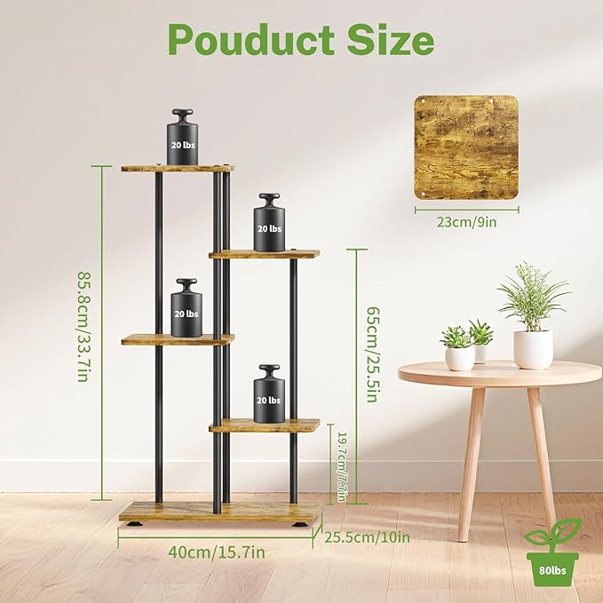 iDavosic.ly 4 Tier Plant Stand Indoor, Tiered Corner Metal Wood Multiple Flower Holder Shelf, 34 Inch Tall Orchid Display Rack for Patio Porch Living Room Balcony Outdoor, Modern Black & Rustic Brown