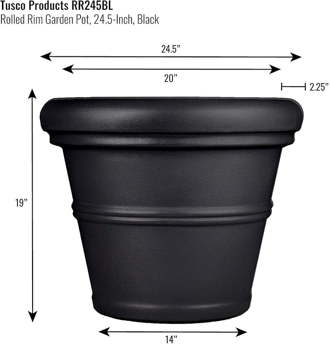 Tusco Products RR245BK Classic Rolled Rim Garden Planter, 24.5", Black