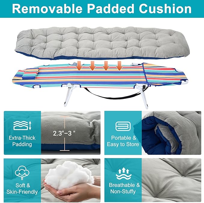ABORON 2-in-1 Tanning Chair with Face Hole, Folding Camping Cot for Adults, 5-Position Adjustable Lounge Chair with Pillow, Heavy Duty 600D Oxford Portable Cot for Beach, Patio, Poolside