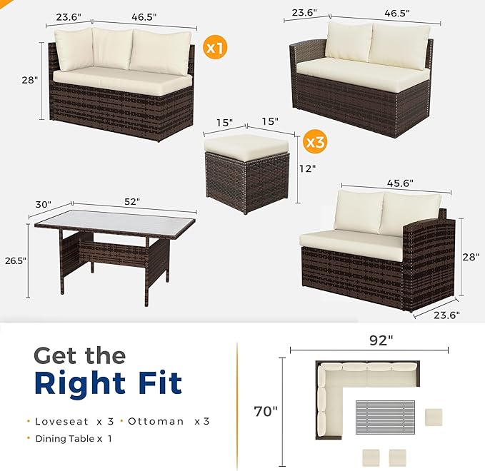 Wisteria Lane 7 Piece Patio Furniture Set, Wicker Patio Sectional with Wide Armrest, All Weather Outdoor Dining Set, Outdoor Furniture Patio Conversation Set with Ottoman, Brown