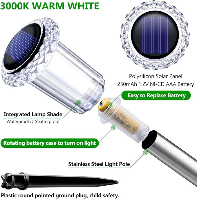 DenicMic Solar Lights Outdoor 10 Pack Waterproof 3000K Warm White LED Stainless Steel Stake Outside Lights for Yard Pathway Garden Driveway Walkway Landscape Path Lighting