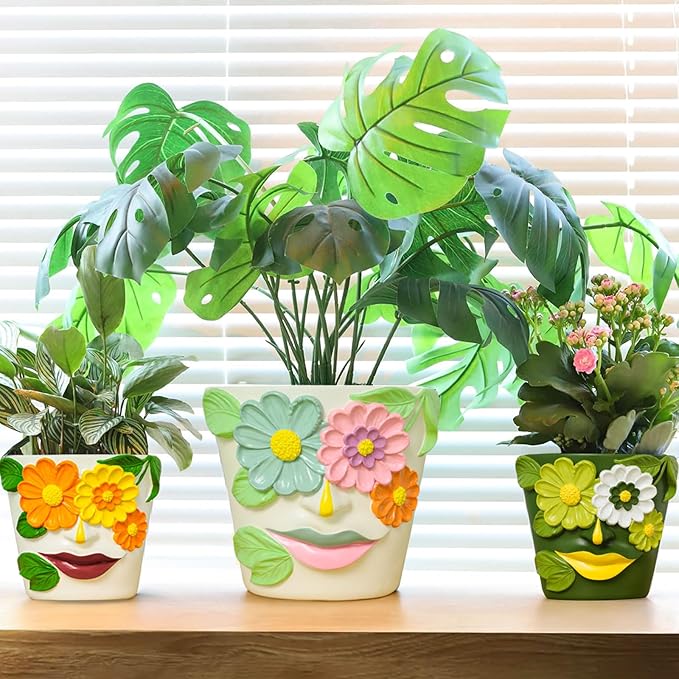 GUGUGO 8 Inch Large Flower Face Planters, Abstract Unique Head Plant Pot with Drainage, Rainbow Colorful Cute Flower Plant Pots for Indoor Plants, Funny Gardening Pot Gift Home Décor, Orange&Yellow