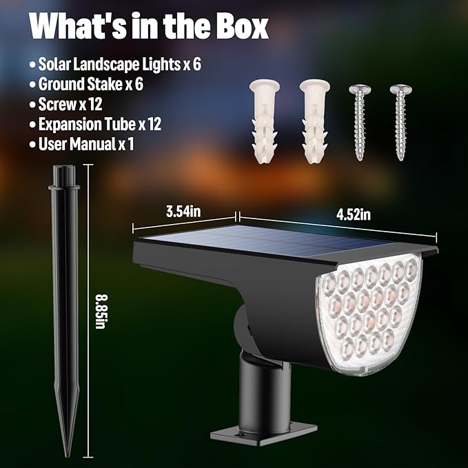 Solar Lights Outdoor Waterproof IP65, Solar Powered 76 LED 3 Lighting Modes Solar Spot Lights Outdoor for Yard Garden Landscape Pathway (Warm White, 6 Pack)