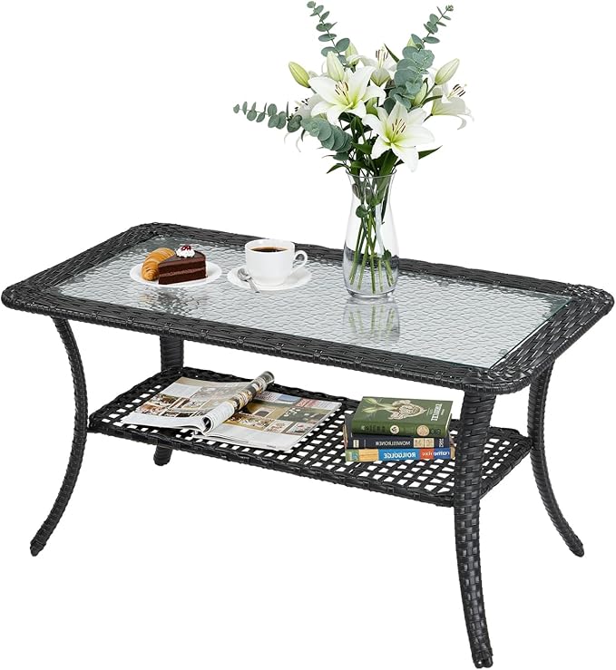 VINGLI Outdoor Coffee Table with Storage Wicker Patio Coffee Table, Tempered Glass Top Coffee Table for Patio Outside Balcony Porch Deck (Black)