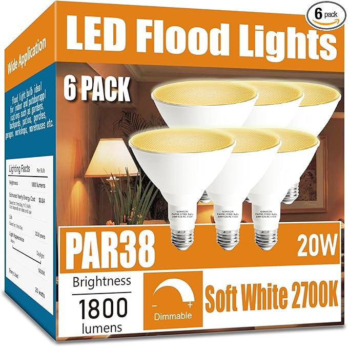 Par38 led Flood Lights Outdoor Light Bulb,Dimmable 1800LM,20W Replace up to 200W,Outdoor Flood Light Bulbs for Backyard,Garage,Porch,Garden,6 Pack 2700K Warm Light