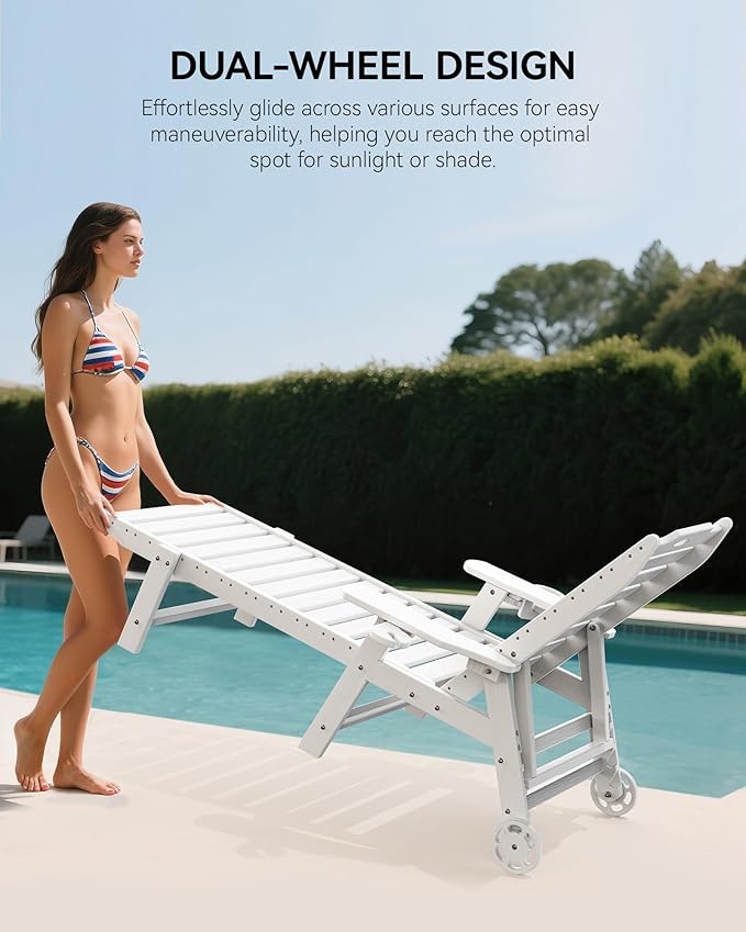 Carauci Lounge Chair Outdoor Set of 2, HDPE Chaise Lounge with Wheels, 5-Position Adjustable Backrest & 2 Cup Holders Patio Lounge Chair, All-Weather Pool Sun Lounger for Poolside, Backyard, White