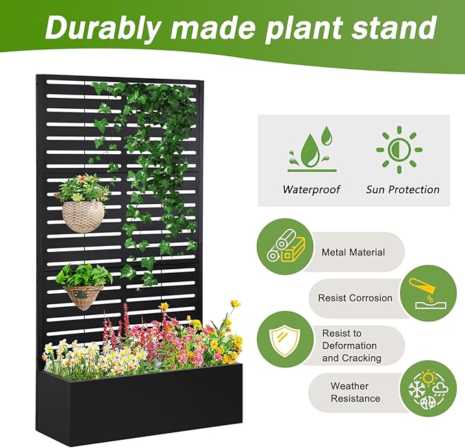 Metal Raised Garden Bed with Trellis,Planter Box for Climbing Plants, Vegetables & Vines, Features Drainage Holes and Privacy Screen.raised garden beds outdoor planters for porch (White, 71"x35"x16")