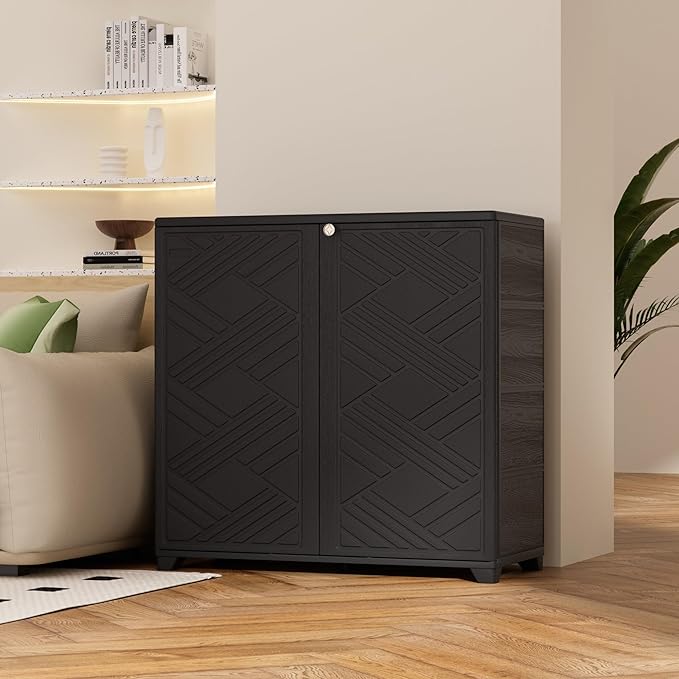 ADDOK Indoor Outdoor Plastic Storage Cabinet 34"x15"x34", Outdoor Storage Shed for Living Room, Hallway, Balcony, Garage, Garden, Backyard-Black（W/O Shelf）