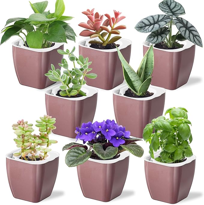 8 Pack Self Watering Pots 4-inch Decorative Flower Planters for Indoor Plants Modern Square planters for Small Plants Window Sill Planters for Succulents, African Violets, Herbs(Rose Gold)