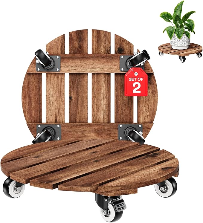 2pack Wood Plant Caddy With Wheels Heavy Duty Red Brown, 264 Lbs Capacity, 12 Inch Acacia Hardwood Plant Roller, Plant Stand with 360° Lockable Wheels, Plant Caster for Heavy Objects Hauling