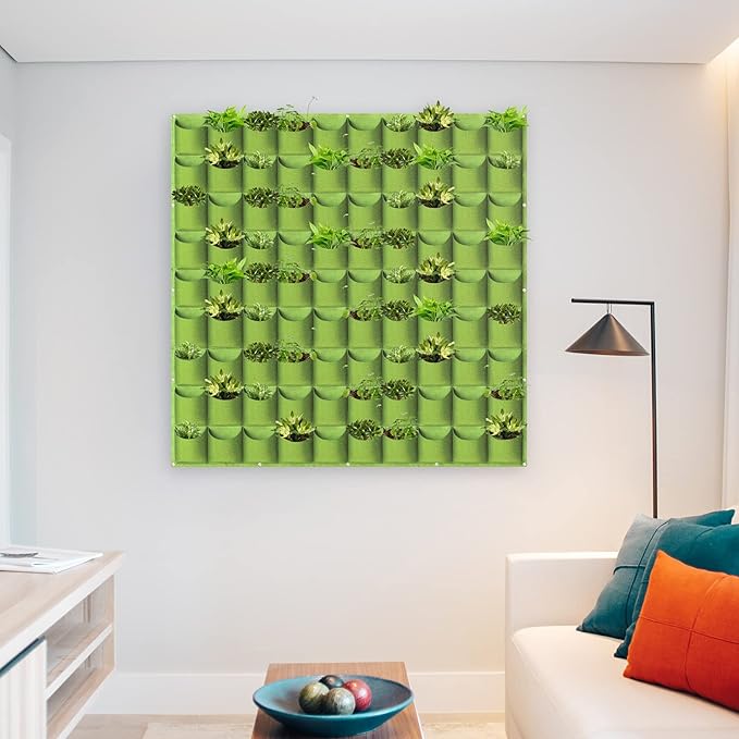 Hanging Planting Grow Bags, 90 Pockets Hanging Vertical Wall Planter Wall Mounted Grow Bag Outdoor Indoor Gardening Vertical Greening Flower Container, Planting Bags Storage Bags(1.1 m × 1.1 m, Green)