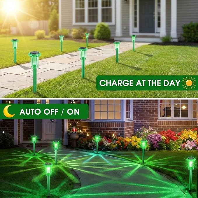 Solar Outdoor Lights, St Patricks Day 10 Pack Solar Pathway Lights Outdoor Waterproof, Stainless Steel Stake Lighting for Garden Yard Path Walkway Driveway Patio Lawn Outside Décor,Green