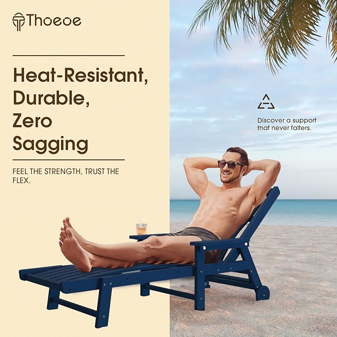 Patio Chaise Lounge Chair Set of 4, Oversized Lounge Chair Outdoor with 5 Positions, HDPE, Patio Lounge Chair with Wheels & Cup Holder for Pool, Deck, Poolside,Navy Blue