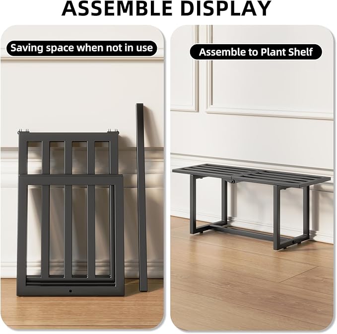 2 Pack Metal Plant Stand, Foldable Heavy Duty Indoor, Window Iron Plant Shelf - Mid Century Modern Slatted Bench for Patio, Garden, Living Room Load Bearing 330 lbs 26" L x 10.4" H x 8.6" W 1 Tier Black