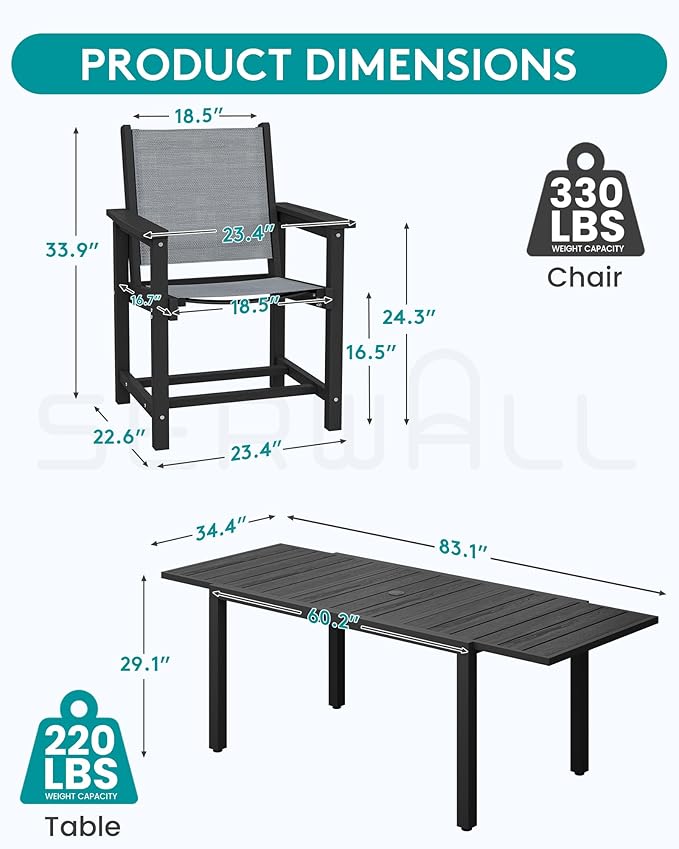 SERWALL 7-Piece Patio Dining Sets, 60" - 83" Expandable Outdoor Dining Table with 6 Breathable Textilene Chairs, All Weather HDPE Patio Furniture Set for Backyard, Garden, Black