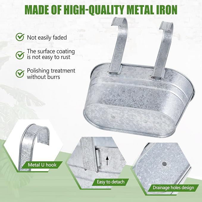 OBTANIM 4 Pack Metal Hanging Flower Pots Iron Railing Planter Outdoor Fence Hanging Pots Bucket Plant Holder with Detachable Hooks Drain Holes for Home Garden Yard Decor (Silvery)