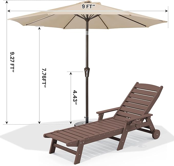 SERWALL Patio Chaise Lounge Chair Set of 2 with 9FT Patio Umbrella, 78'' HDPE Outdoor Lounger, Poly Lounge Chair with Rolling Wheels & Cup Holder for Pool,Coffee Brown (Umbreall Base not Included)