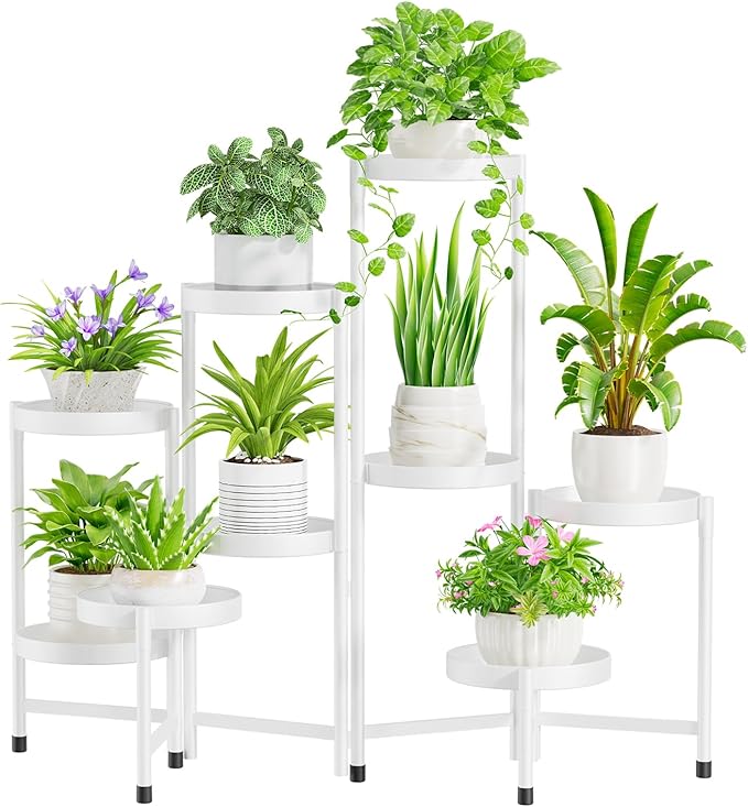iDavosic.ly Plant Stand Indoor Outdoor, 9 Tier Corner Metal Flower Display Holder Shelf, Easy Assembly Folding Tall Orchid Rack for Patio Balcony Porch Garden Living Room House, White