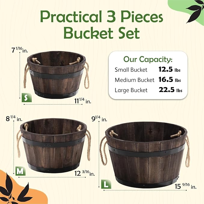 Set of 3 Wooden Flower Boxes Outdoor, Durable Acacia Wood Barrel Planters for Outdoor Plants with Ergonomic Handles, Drainage Holes, Multiple Sizes Wood Bucket Planter for Home Décor