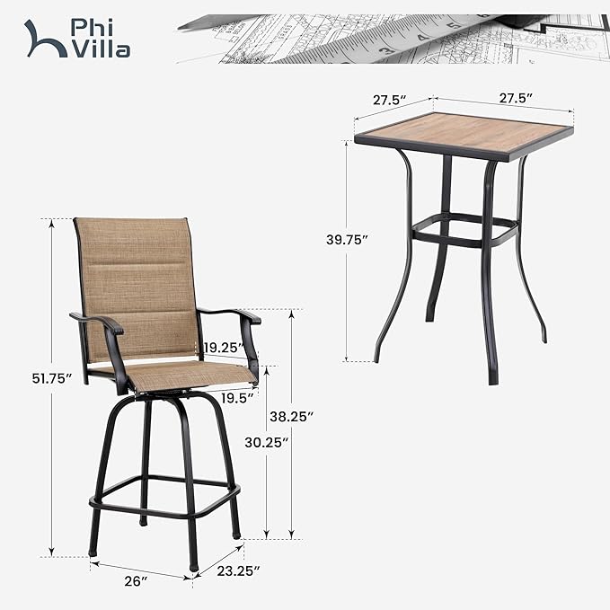 PHI VILLA Outdoor Bar Set with 4 Swivel Bar Height Patio Chairs, Wooden-Like Patio Bar Table and Chairs Furniture Set with Brown Padded Textilene Fabric for Outside, Garden and Deck