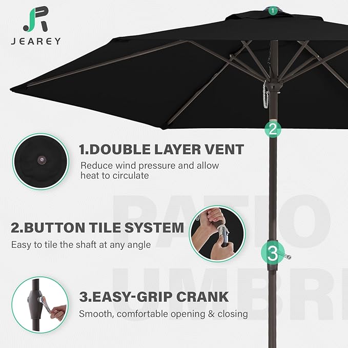 JEAREY 7.5FT Patio Umbrella Market Table Umbrella with 6 Sturdy Ribs, Push Button Tilt/Crank Outdoor Umbrella for Garden, Deck, Backyard, Pool, Black