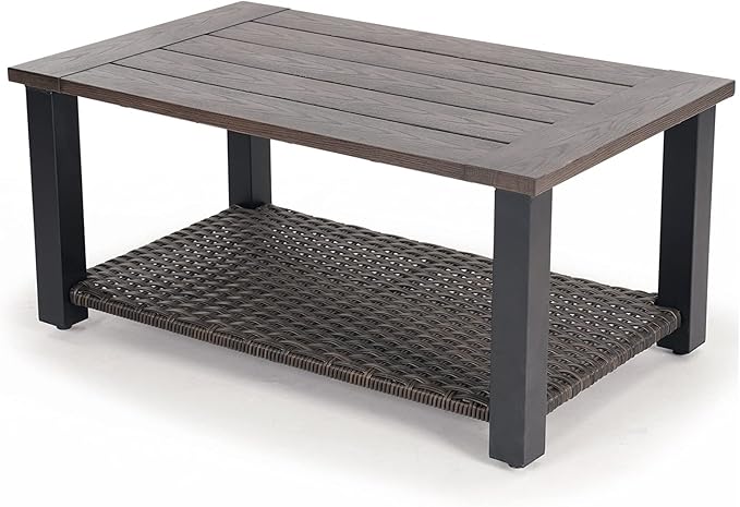 Grand patio Outdoor Coffee Table with Wicker Shelf Storage, 40-inch Rectangle Modern Patio Coffee Table with Faux Wood Tabletop, Fits with Outdoor Conversation Set