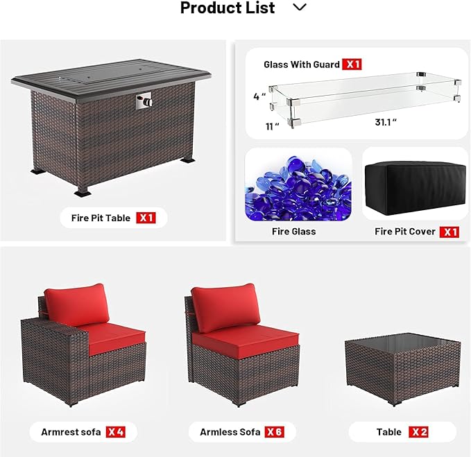 Kullavik 13 Pieces Outdoor Patio Furniture Set with 43" 55000BTU Gas Propane Fire Pit Table PE Wicker Rattan Sectional Sofa Patio Conversation Sets,Red