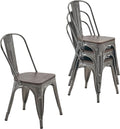Nazhura Metal Dining Chair Farmhouse Tolix Style for Kitchen Dining Room Patio, 18 Inch, Stackable, Waterproof Indoor/Outdoor (Sets of 4) (Brushed Metal with Wood Padding)