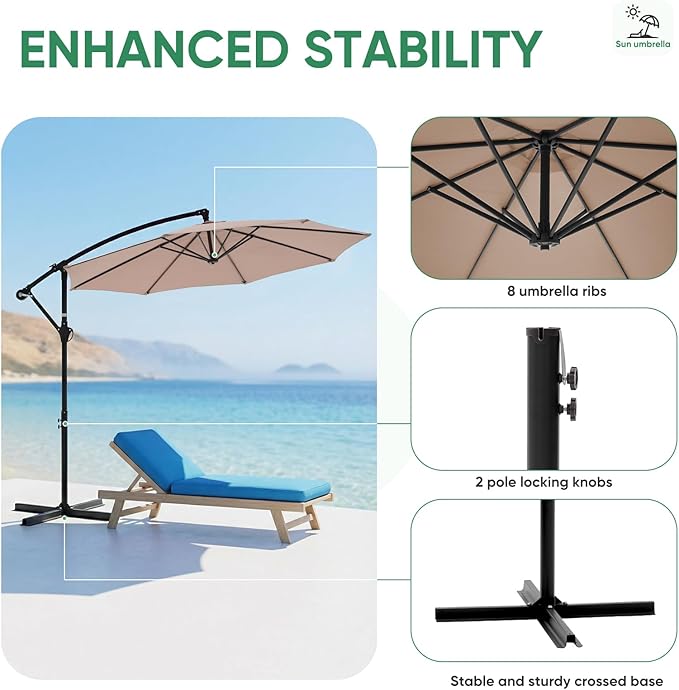 NEWBULIG 10FT Patio Umbrella, Offset Cantilever Outdoor Patio Table Umbrella, UV Protection, Fade Resistant Fabric, Easy Tilt Adjustment for Pool, Deck, Garden, Backyard