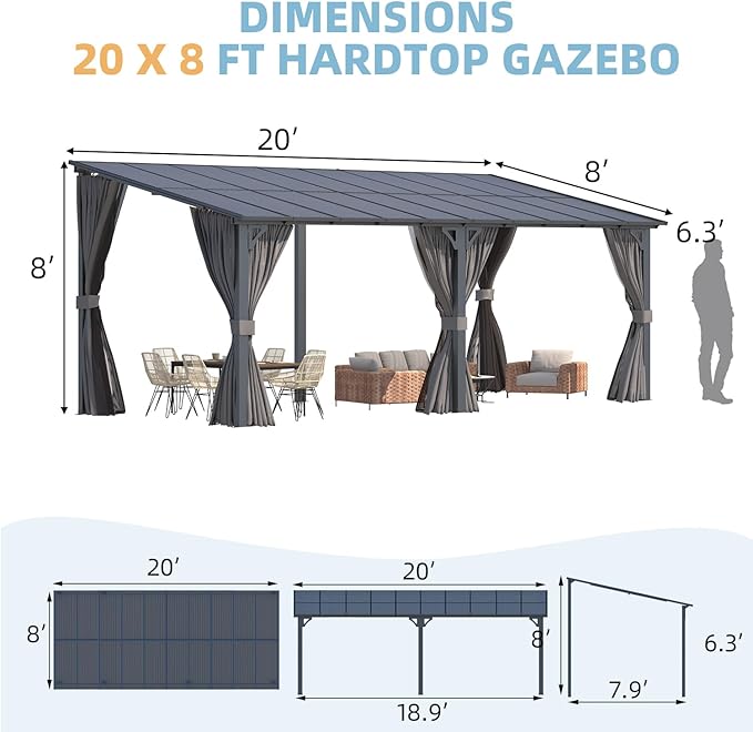 AECOJOY 20' x 8' Outdoor Gazebo Pergola with Curtains and Netting, 8'x20' Large Wall-Mounted Hardtop Lean to Gazebo Shelter Pergolas and Gazebos Clearance with Patio Roof, Heavy Duty Metal Awnings