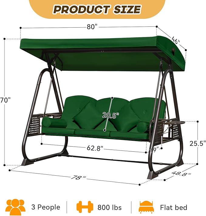 3 in 1 Outdoor Porch Swing with Adjustable Canopy, 3 Seat Outdoor Swing for Adults, Patio Swing Chair with Thickened Cushions,Pillows & Cup Holders for Backyard, Porch, Garden (Green)