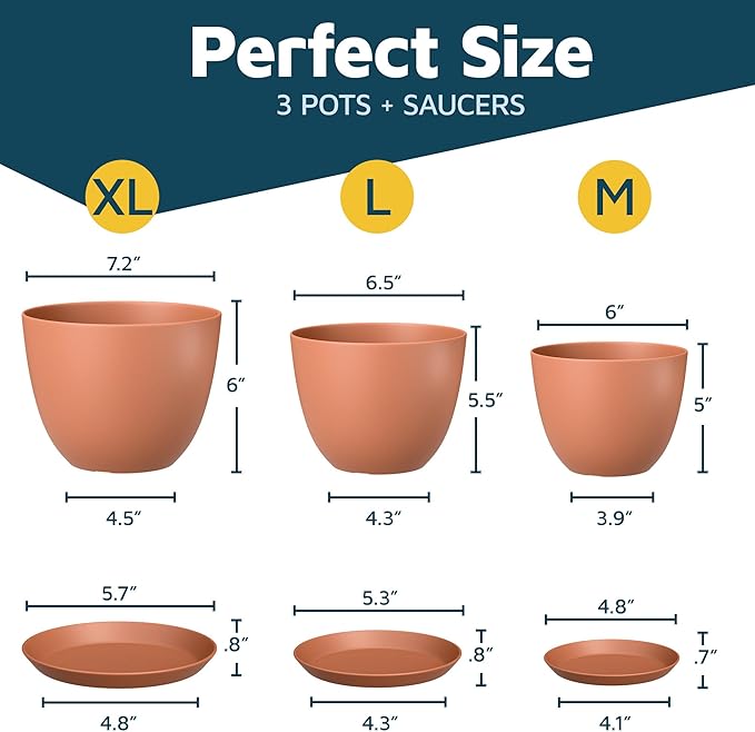 Terracotta Plant Pots with Drainage Holes & Saucers 3 Pack, Indoor & Outdoor Stackable Space-Saving Planters for Houseplants & Flowers, (7", 6.7", and 6" Inches), Durable & Weatherproof Materials