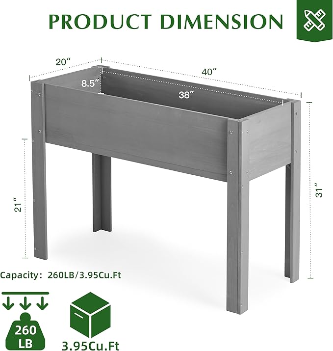 SoliWood Raised Garden Bed with Legs, 40x20x31'', Outdoor Wood Elevated Planter Box, Thick Legs, w/Liner