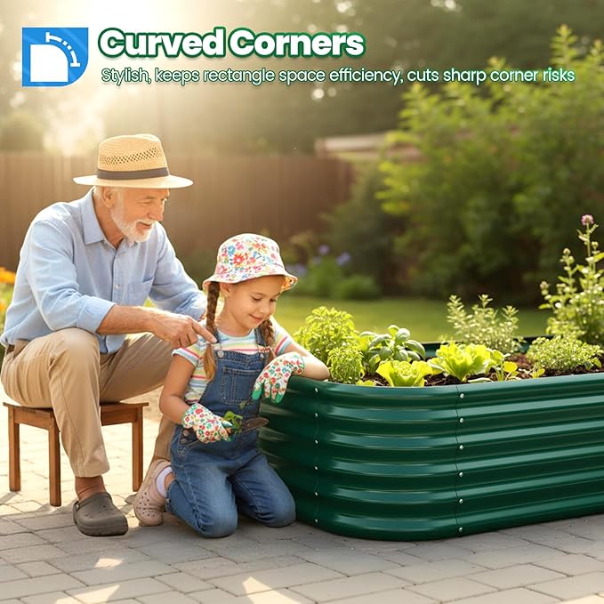 Quictent Galvanized Raised Garden Bed Kit, 8x4x1.5 ft Oval Metal Planter Box Tall for Vegetables Outdoor Backyard, Strengthened by Crossbar, Dark Green