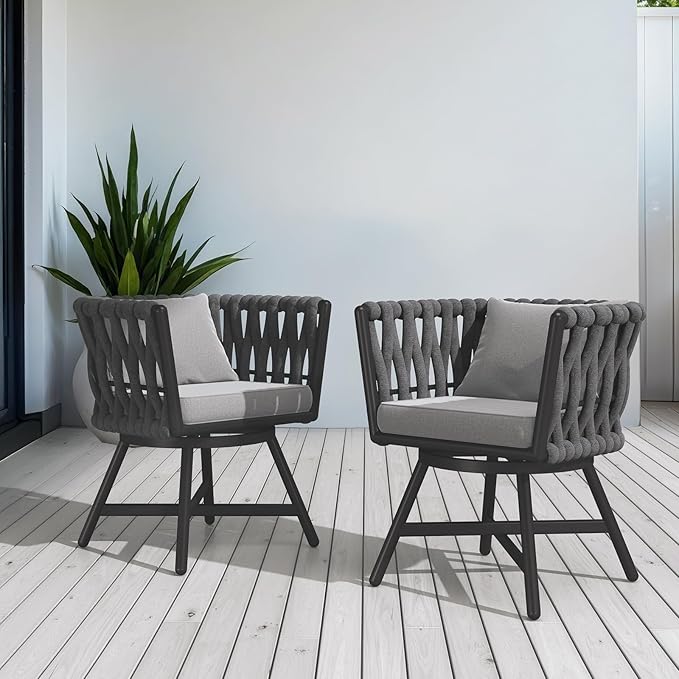 Grand patio Swivel Rope Wicker Chairs Set of 2, Patio Dining Chairs with Cushions, Wicker Armchairs Frame, Outdoor Modern Style for Backyard, Balcony, Quinn, Dark Grey