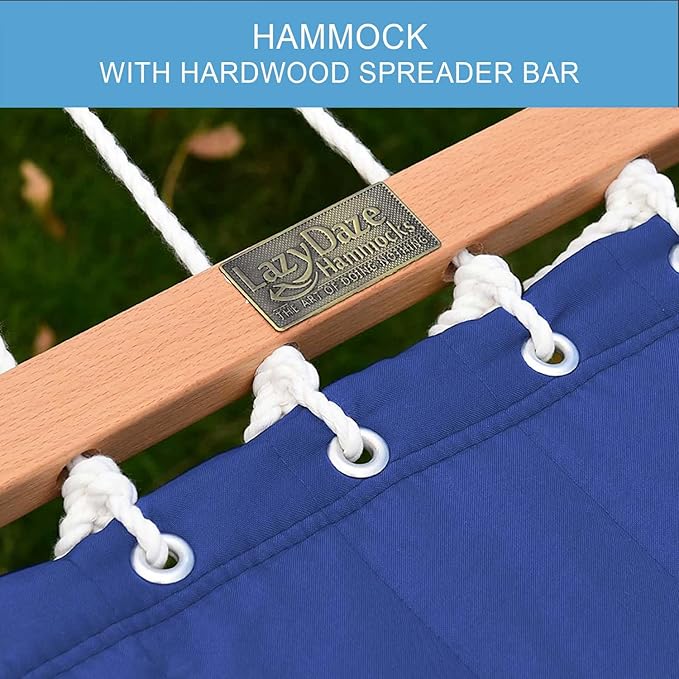 Lazy Daze Hammocks 12 FT Double Quilted Fabric Hammock with Spreader Bar and Detachable Pillow, 450lbs Weight Capacity, Navy Blue