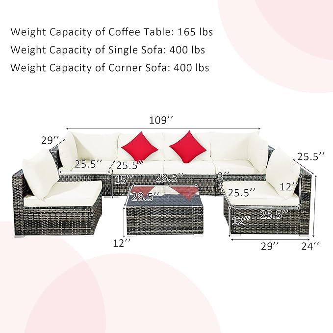 Tangkula 7 Pieces Wicker Patio Furniture Set, All-Weather Outdoor Rattan Sectional Sofa Set with Cushions & Tempered Glass Coffee Table, Outside Sofa Set for Garden, Lawn, Deck, Backyard (White)