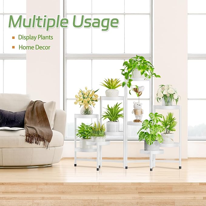 iDavosic.ly Plant Stand Indoor Outdoor, 10 Tier Corner Metal Flower Display Holder Shelf, Easy Assembly Folding Tall Orchid Rack for Patio Balcony Porch Garden Living Room House, White