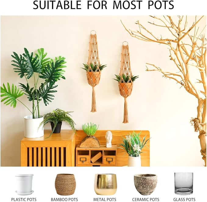 Artilady Hanging Planter for Indoor Plants Macrame Plant Hanger Large Hanging Plant Holder Brown Plants Basket White Rope Boho Original Wall Decor (Brown Plant Hanger-2pcs)