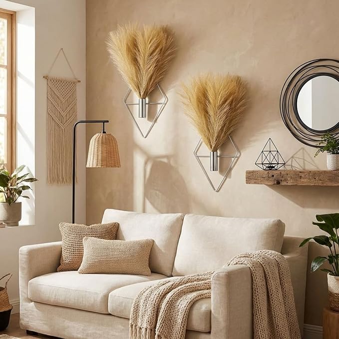 2 Pieces Boho Wall Decor Hanging Planters with Artificial Plants Metal Hanging Vase Indoor Plants Holder Modern Wall Art for Bathroom Bedroom Living Room Decor, Silver, Pampas Grass