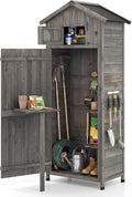 Goplus All-in-One Storage Shed, 70" Tall Wooden Lockable Cabinet w/Foldable Work Table, Vertical Utility Tool Organizer w/Shelves & Hooks, Waterproof Garden Shed for Patio Backyard (Gray)