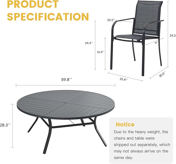 VICLLAX Patio Table and Chair Set of 10, All Weather Metal Round Outdoor Dining Furniture Set-59.9" Round Outdoor Table and Chairs, Grey Tabletop