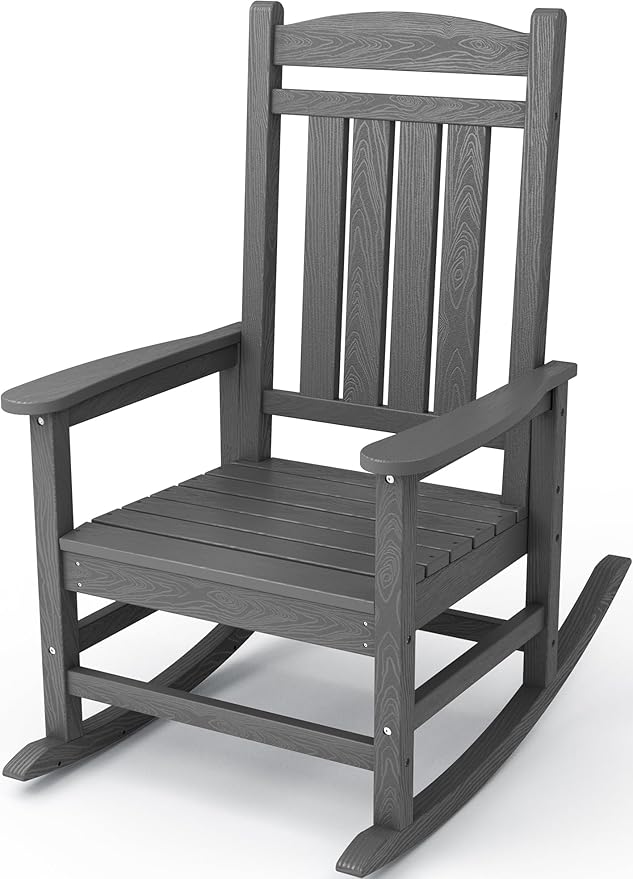 KINGYES Outdoor Rocking Chairs, HDPE All-Weather Patio Rocking Chairs High Back Porch Rocker for Adult, Gray