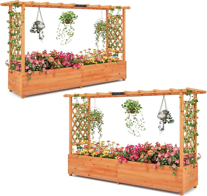 Giantex 2 Pcs Raised Garden Bed with Trellis & Hanging Roof, Wood Planter Box with Bottom & Drainage Holes, Freestanding Garden Planter for Flower Fruit Vegetable Herb Climbing Vine (77"x14.5"x45")
