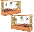 Giantex 2 Pcs Raised Garden Bed with Trellis & Hanging Roof, Wood Planter Box with Bottom & Drainage Holes, Freestanding Garden Planter for Flower Fruit Vegetable Herb Climbing Vine (77"x14.5"x45")