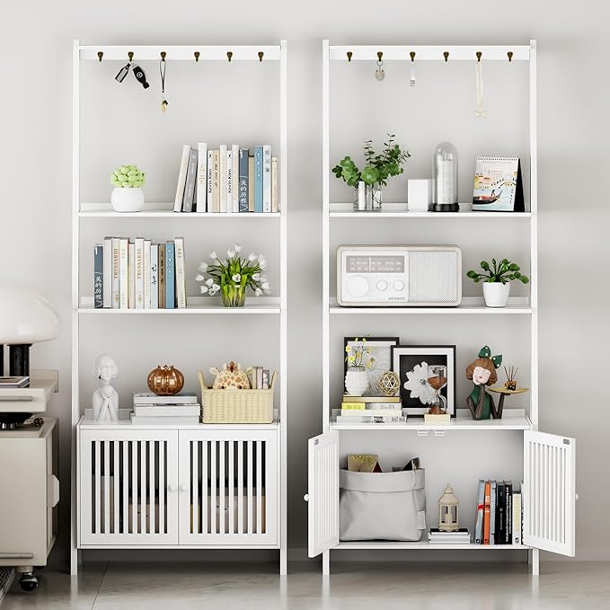 4-Tier Ladder Shelf with Drawers 59.5"H x 24.8"L x 10.6"W, Ladder Bookshelf with 6 Hooks, Tall Narrow Retro Bookcase, Freestanding Storage Shelf for Living Room, Home Office, Bedroom, White