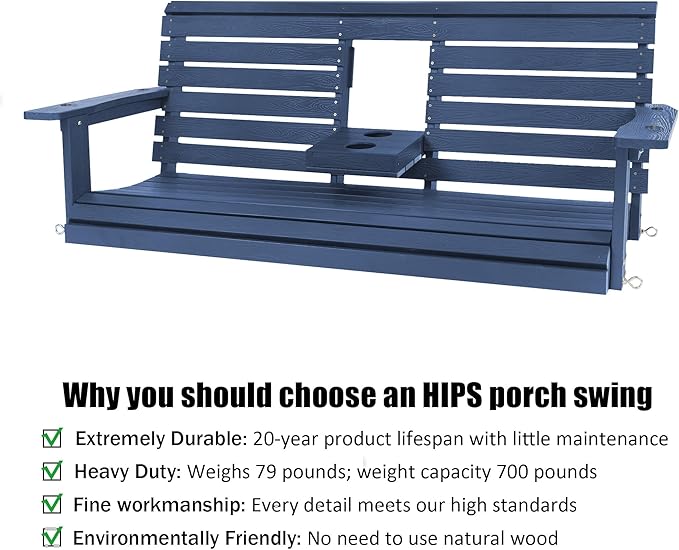 Poly Lumber 3-Seat Porch Swing, HIPS 5-Feet Bench Swing with Foldable Cup Holders,18/8 Stainless Steel Hardware, High Backrest and Deep Contoured Seat (Navy Blue, 5-feet)