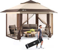 CROWN SHADES 13x13 Pop Up Gazebo with Mosquito Nettings, Patented Center Lock 6-Sided Portable Gazebo, 300D Silver-Coated Fabric UV Resistant, Pop Up Canopy Tent for Patio, Party, Beige&Coffee