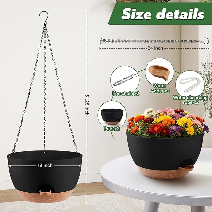 13-inch Oversized Hanging Planter Set of Two,Planters for Indoor and Outdoor Plants.Place Plant pots Across Diverse Settings Including windowsills,Living Room,and Gardens.Black-Brown